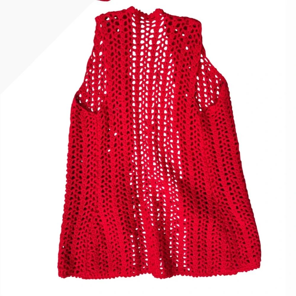 Red Crochet 2 Piece Set Vest and Mini Skirt Boho Festival Summer Outfit Small